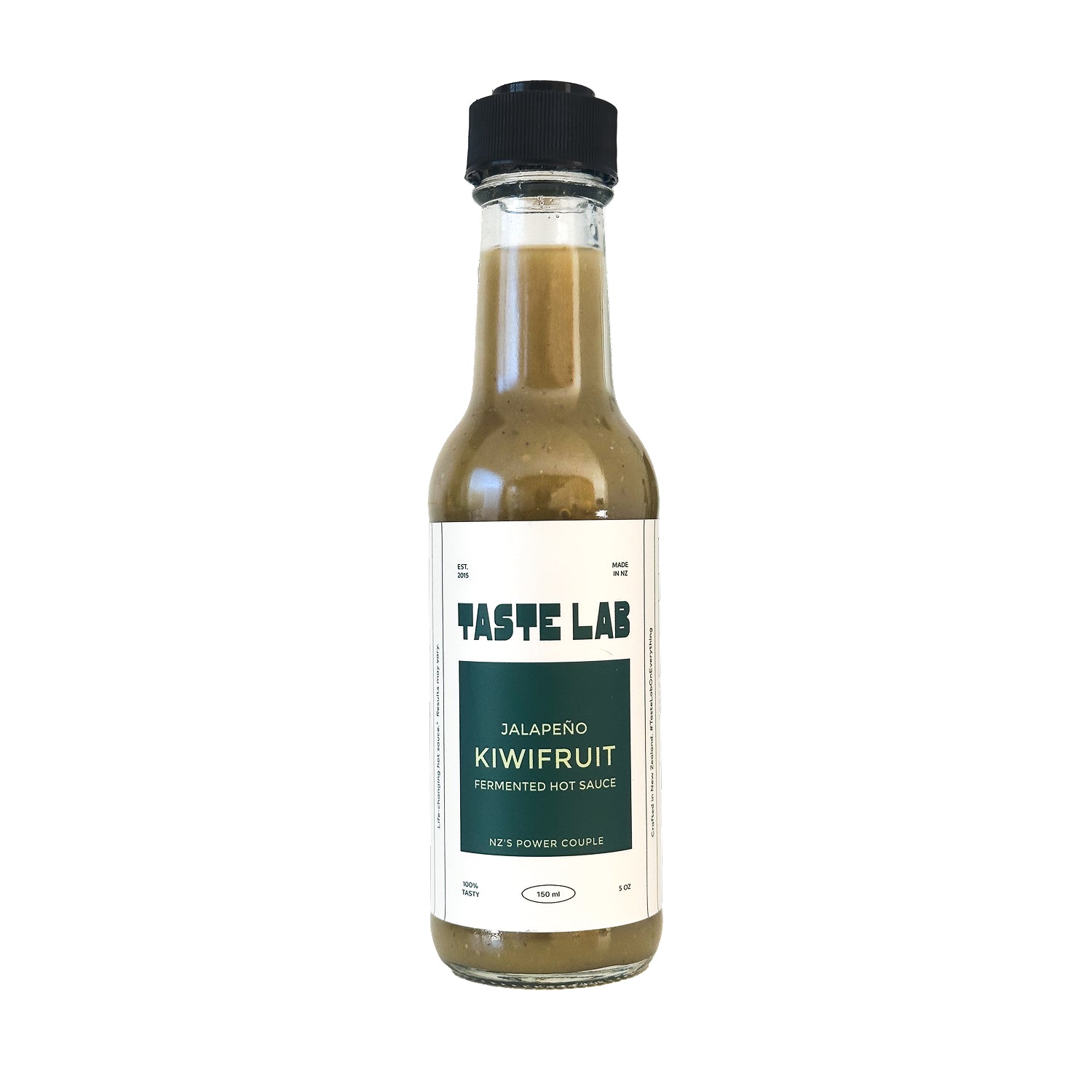 Bottle of Taste Lab Jalapeño Kiwifruit fermented hot sauce on white.