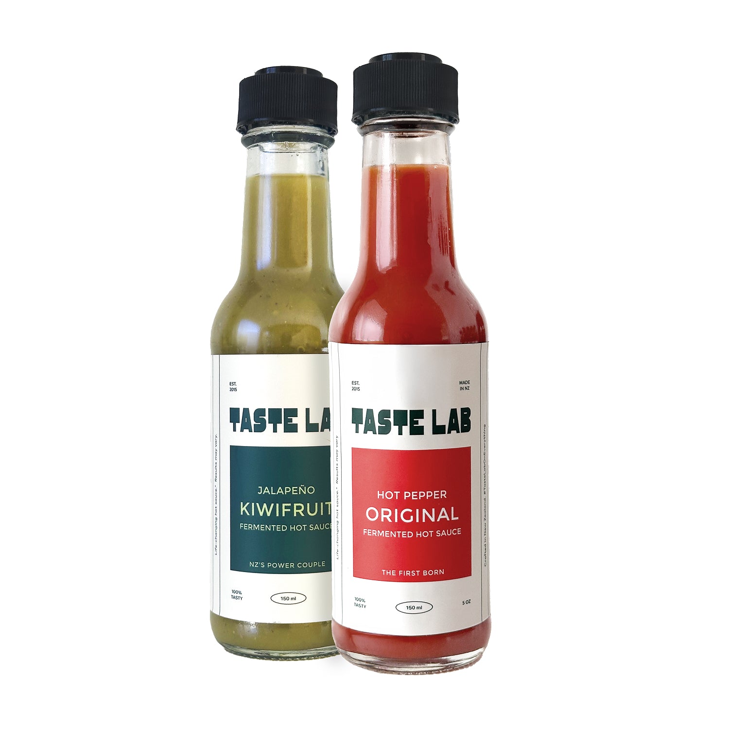 Two Taste Lab hot sauce bottles Jalapeño Kiwifruit (green) and Hot Pepper Original (red) standing side-by-side on a white background.