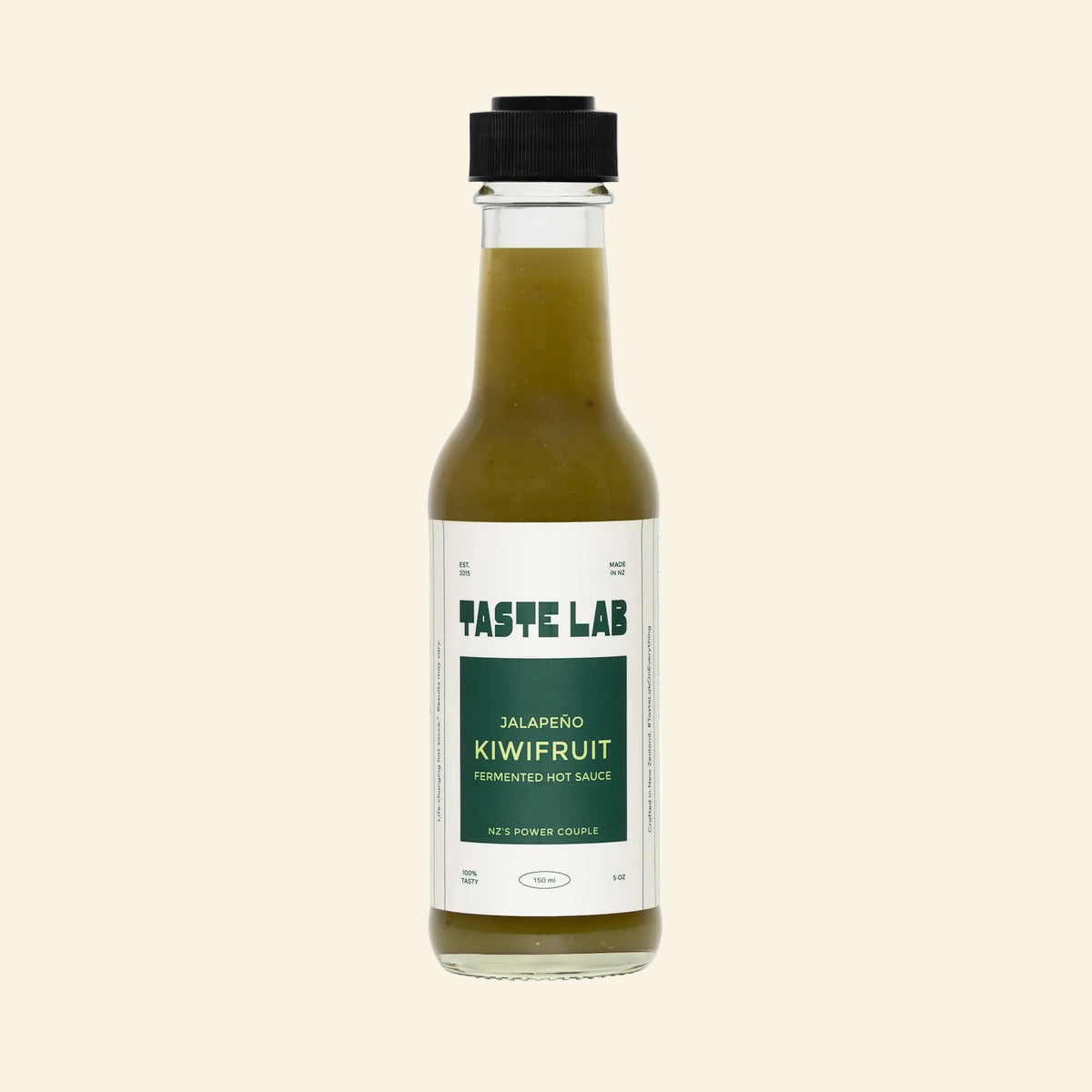 Bottle of Taste Lab Jalapeño Kiwifruit Hot Sauce